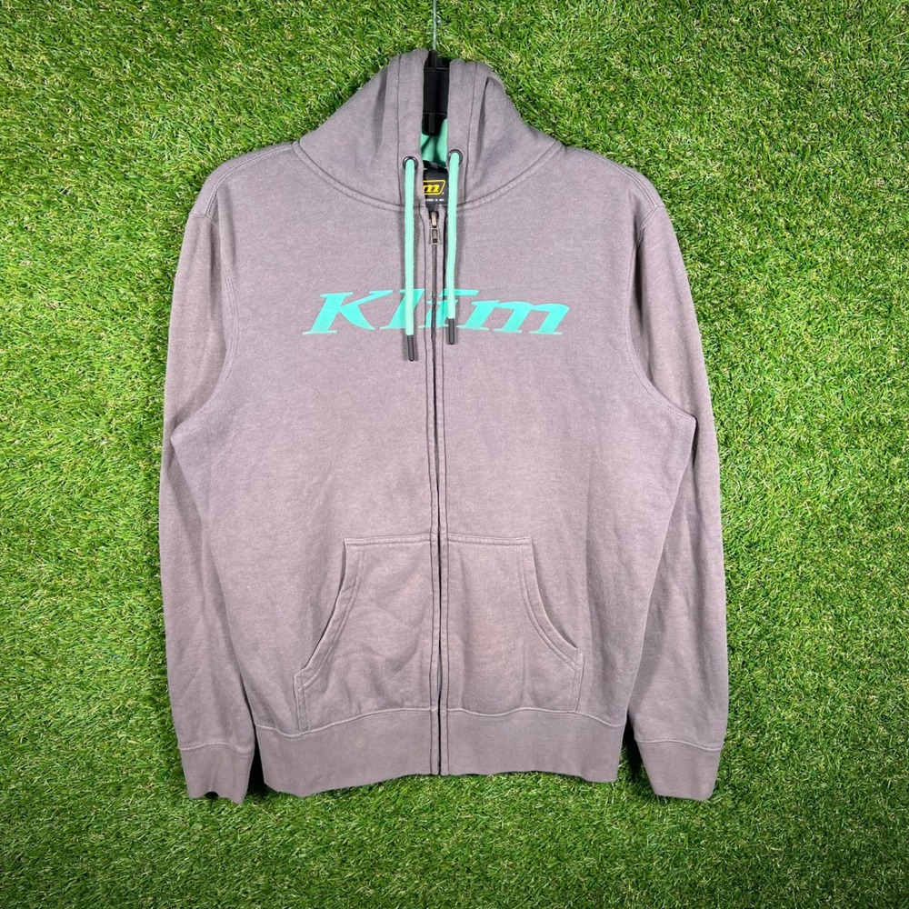 Klim Mens Full Zip Hoodie Gray Teal Logo Fleece Sweatshirt Medium